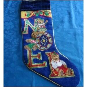 Christmas Stocking Needlepnt NOEL Bears Navy Blue Velvet Gold Trim X Stitch EUC‎